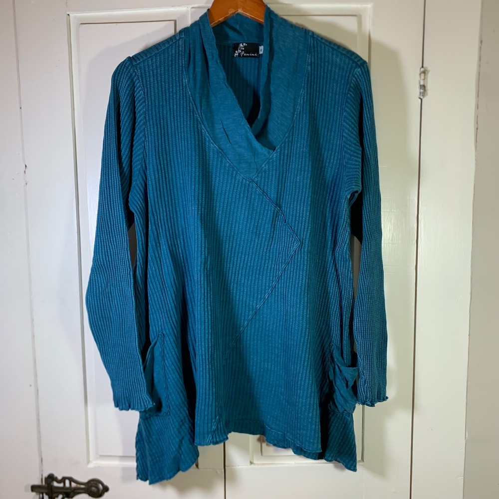 Fenini Womens XL Teal Blue 100% Cotton Ribbed Knit Cowl Neck Tunic Top Pockets
